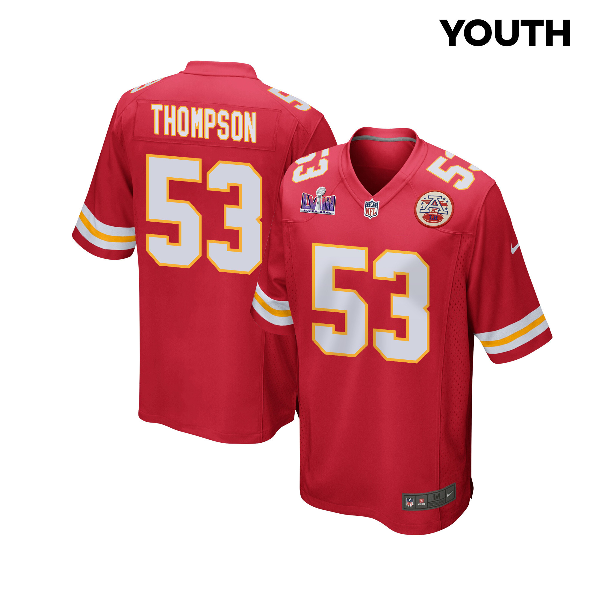 BJ Thompson 53 Kansas City Chiefs Super Bowl LVIII Patch Game YOUTH Jersey - Red JS6865 nicesnker