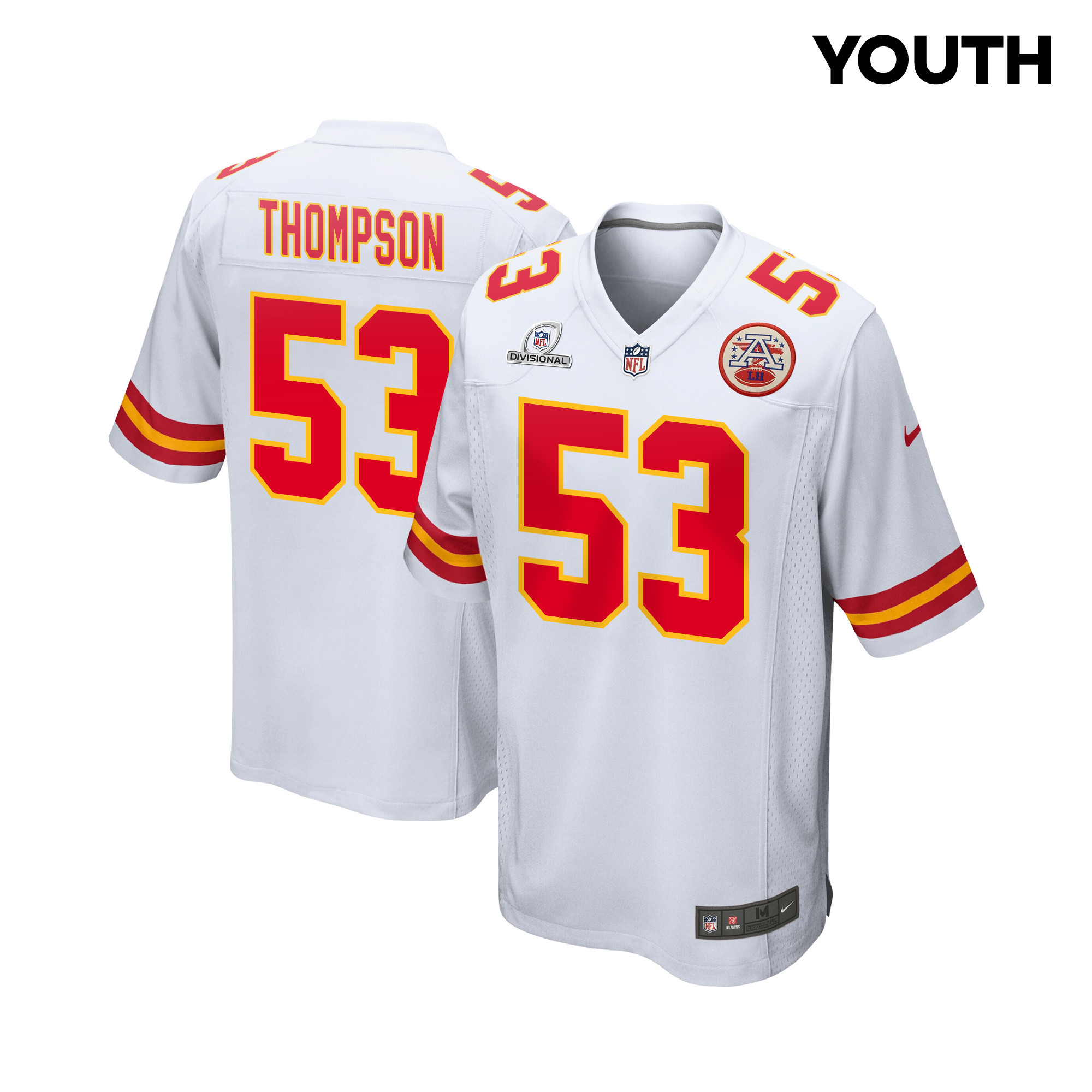 BJ Thompson 53 Kansas City Chiefs Super Bowl LVIII Patch Game YOUTH Jersey - White JS7035 nicesnker