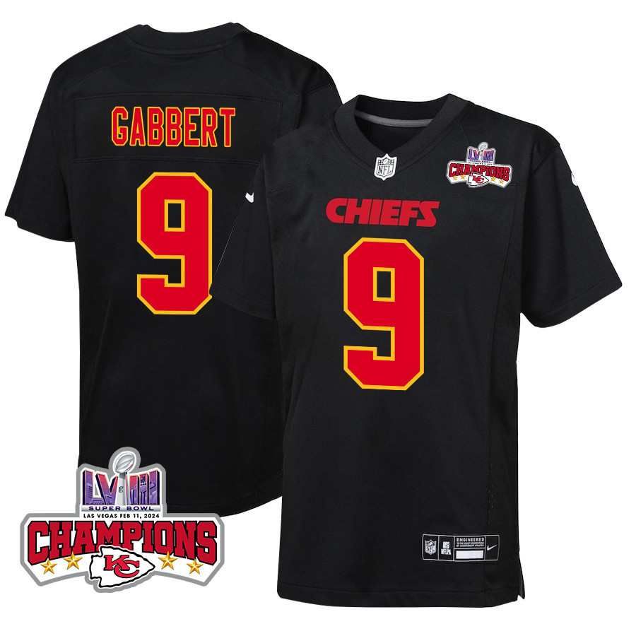 Blaine Gabbert 9 Kansas City Chiefs Super Bowl LVIII Champions 4 Stars Patch Fashion Game YOUTH Jersey - Carbon Black JS6487 nicesnker