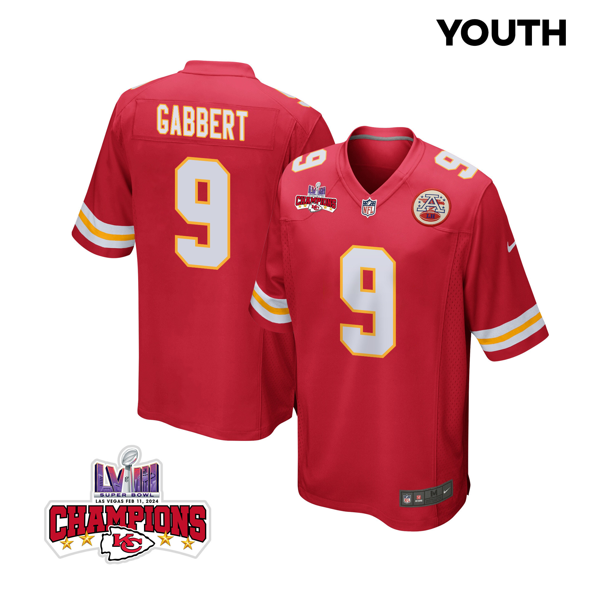 Blaine Gabbert 9 Kansas City Chiefs Super Bowl LVIII Champions 4 Stars Patch Game YOUTH Jersey - Red JS4437 nicesnker