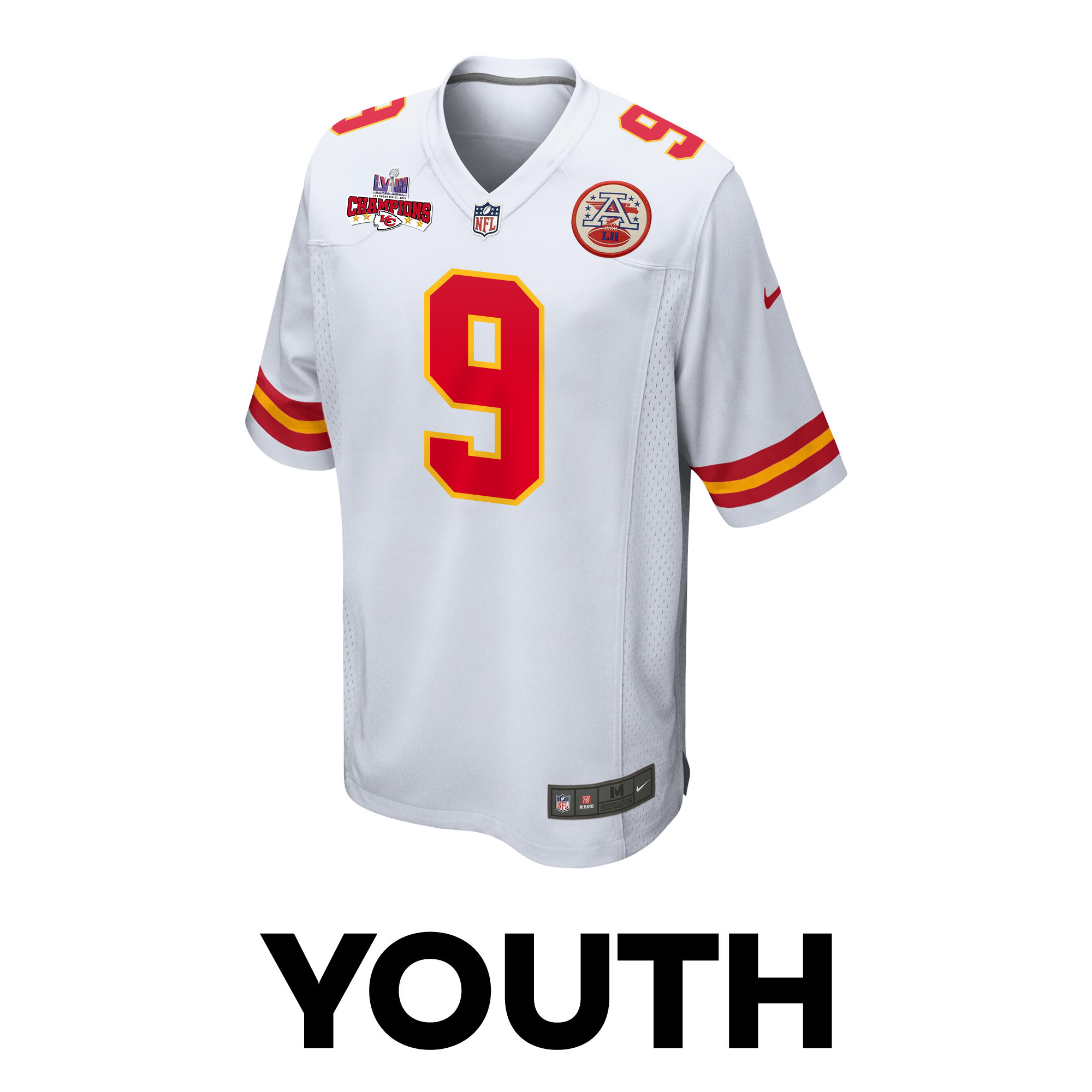Alternative view of Blaine Gabbert 9 Kansas City Chiefs Super Bowl LVIII Champions 4 Stars Patch Game YOUTH Jersey - White JS6152 nicesnker