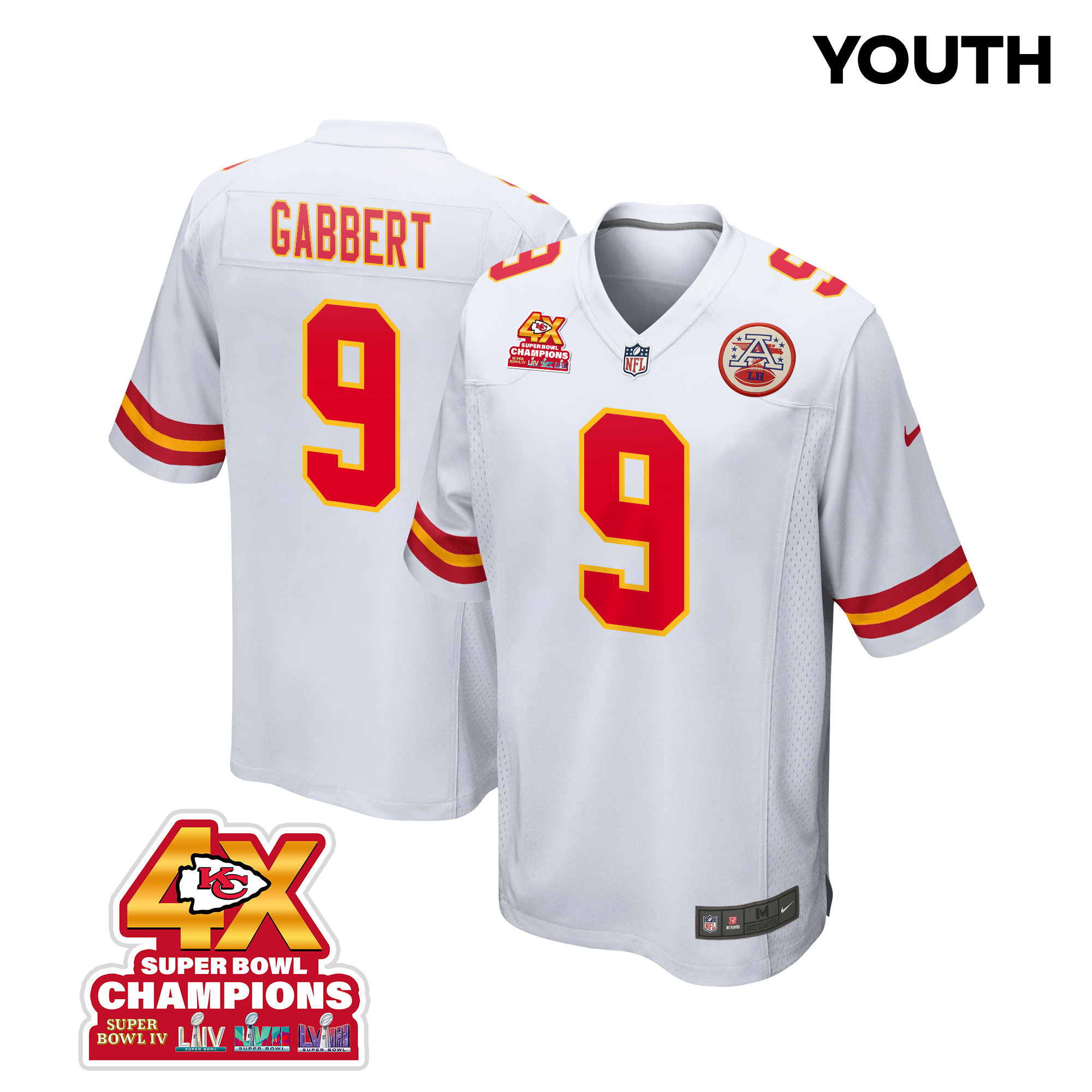 Blaine Gabbert 9 Kansas City Chiefs Super Bowl LVIII Champions 4X Game YOUTH Jersey - White JS2730 nicesnker