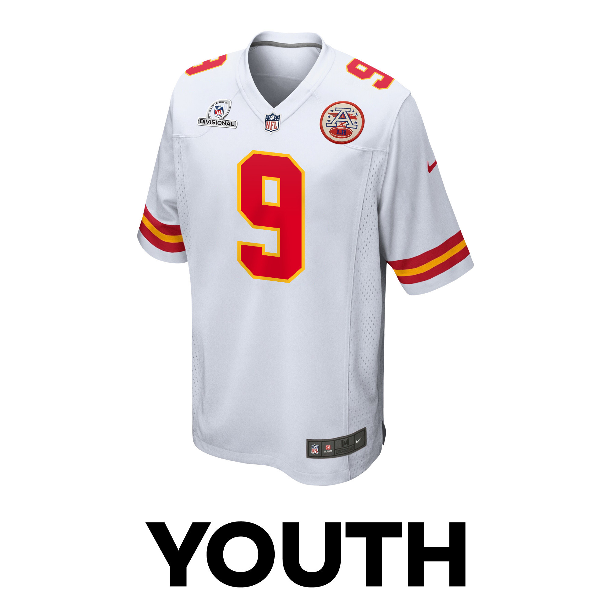 Alternative view of Blaine Gabbert 9 Kansas City Chiefs Super Bowl LVIII Patch Game YOUTH Jersey - White JS8119 nicesnker