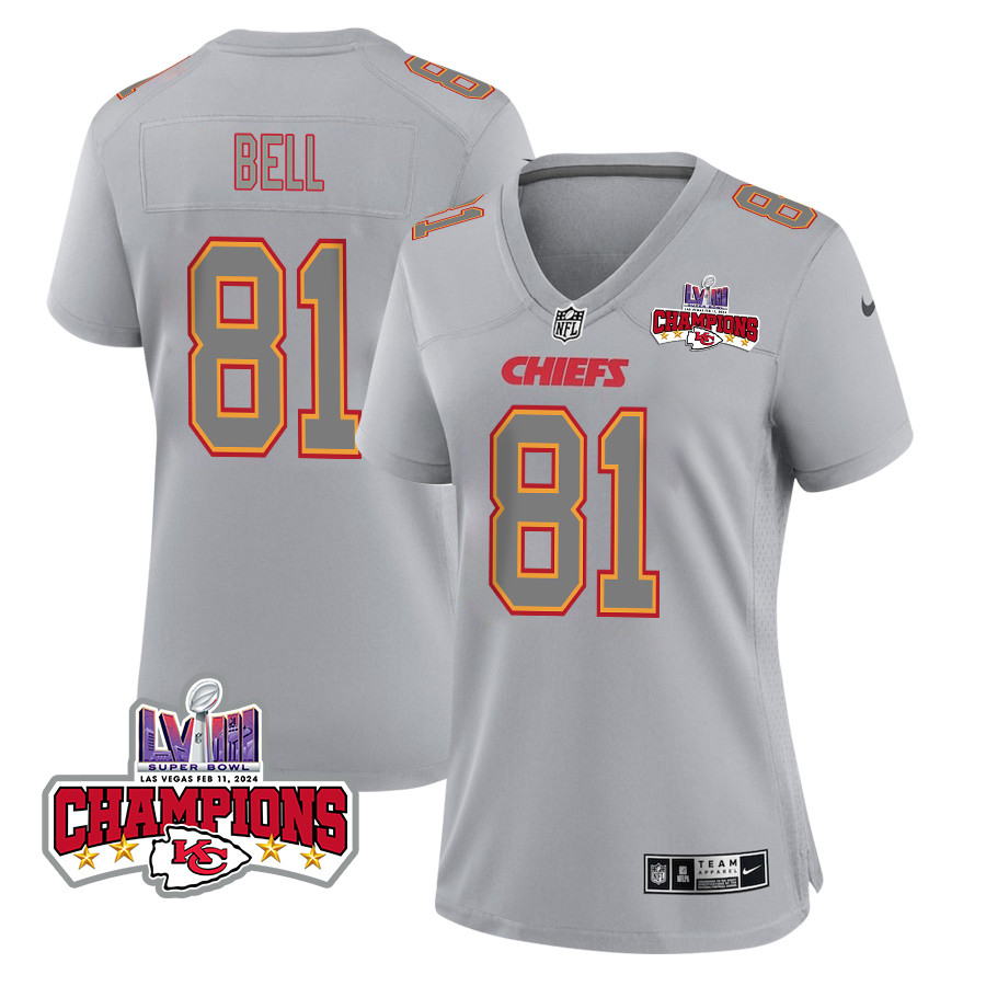 Blake Bell 81 Kansas City Chiefs Super Bowl LVIII Champions 4 Stars Patch Atmosphere Fashion Game Women Jersey - Gray JS5693 nicesnker