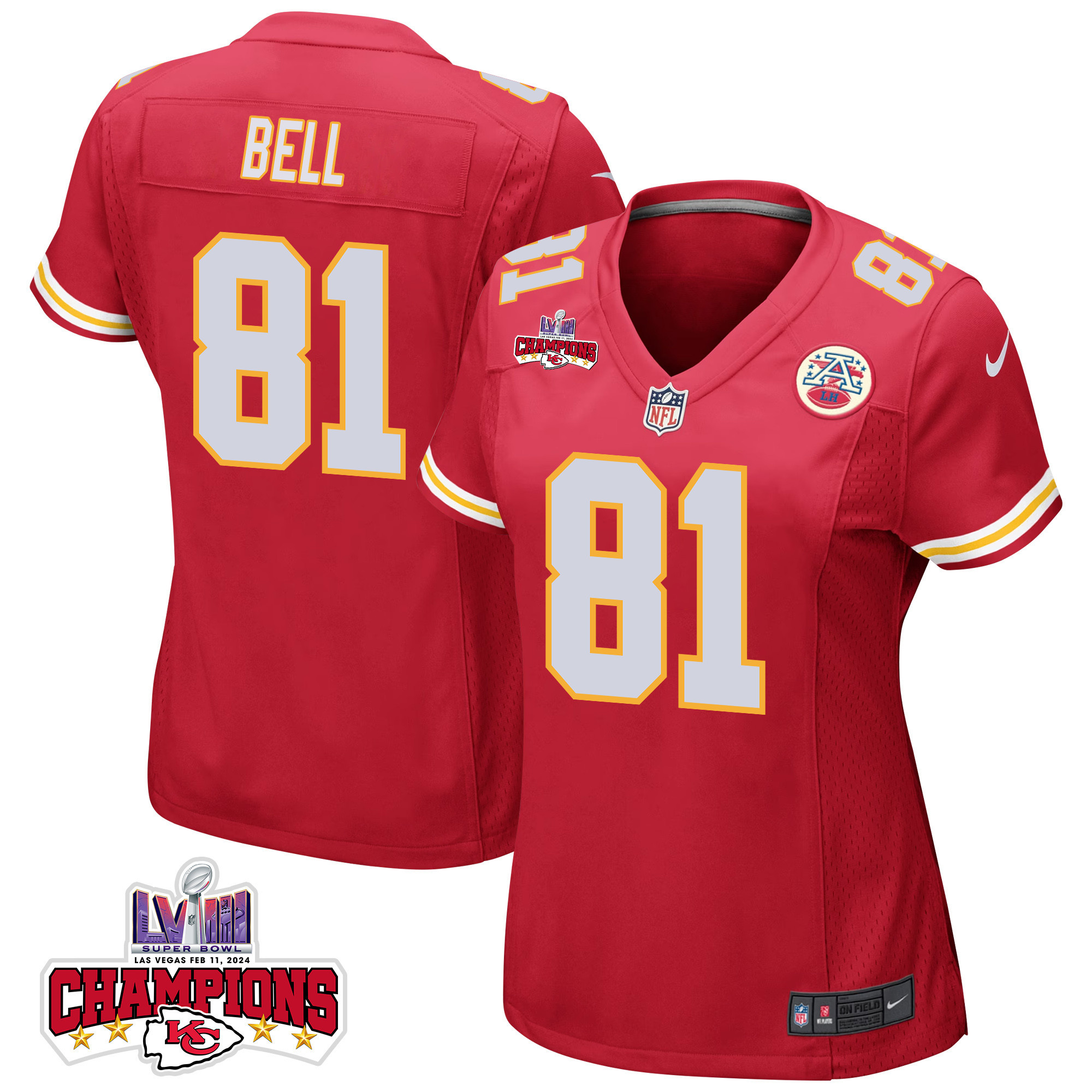 Blake Bell 81 Kansas City Chiefs Super Bowl LVIII Champions 4 Stars Patch Game Women Jersey - Red JS5902 nicesnker