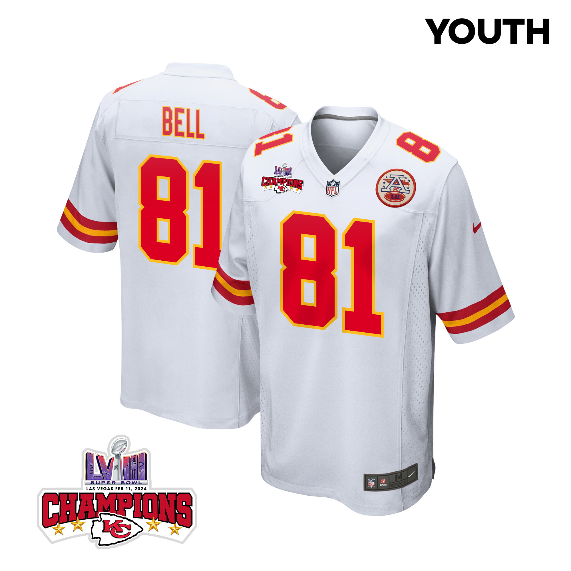 Blake Bell 81 Kansas City Chiefs Super Bowl LVIII Champions 4 Stars Patch Game YOUTH Jersey - White JS4568 nicesnker