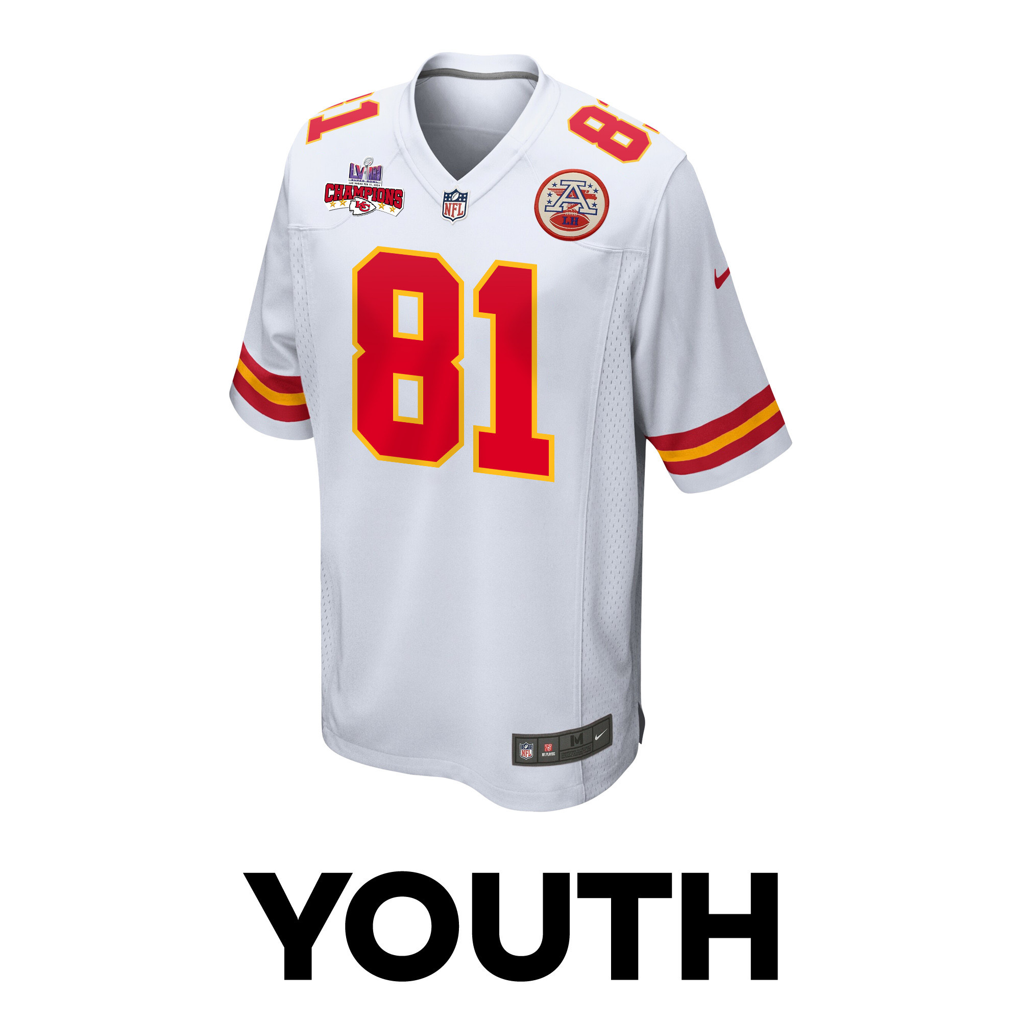 Alternative view of Blake Bell 81 Kansas City Chiefs Super Bowl LVIII Champions 4 Stars Patch Game YOUTH Jersey - White JS4568 nicesnker