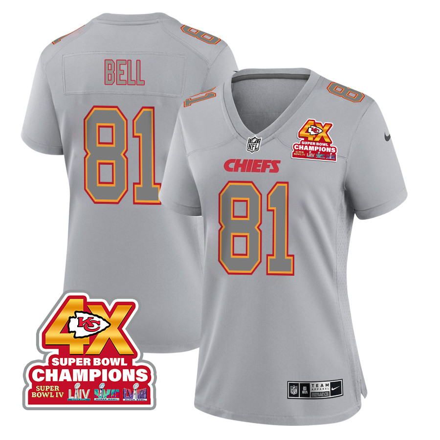 Blake Bell 81 Kansas City Chiefs Super Bowl LVIII Champions 4X Atmosphere Fashion Game Women Jersey - Gray JS7112 nicesnker