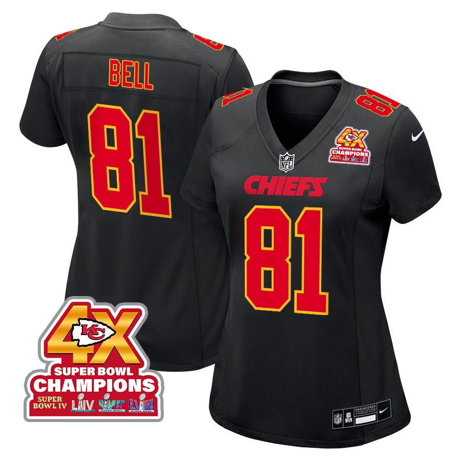 Blake Bell 81 Kansas City Chiefs Super Bowl LVIII Champions 4X Fashion Game Women Jersey - Carbon Black JS5342 nicesnker