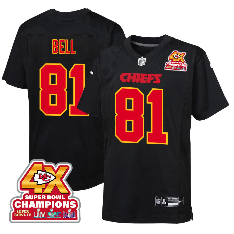 Blake Bell 81 Kansas City Chiefs Super Bowl LVIII Champions 4X Fashion Game YOUTH Jersey - Carbon Black JS4830 nicesnker