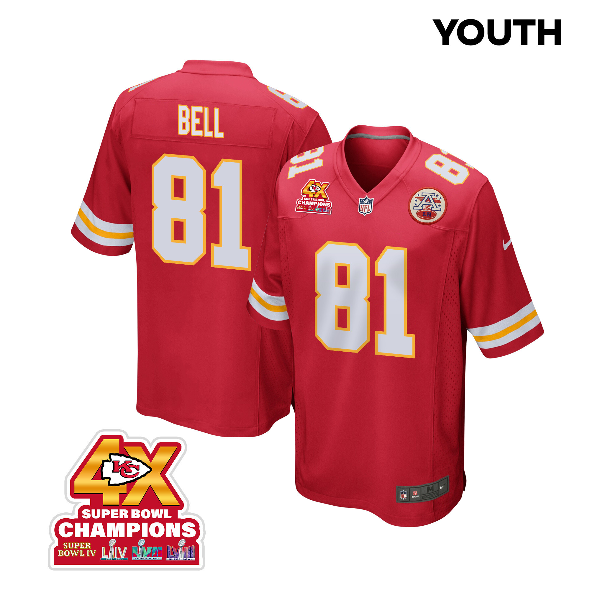 Blake Bell 81 Kansas City Chiefs Super Bowl LVIII Champions 4X Game YOUTH Jersey - Red JS2348 nicesnker