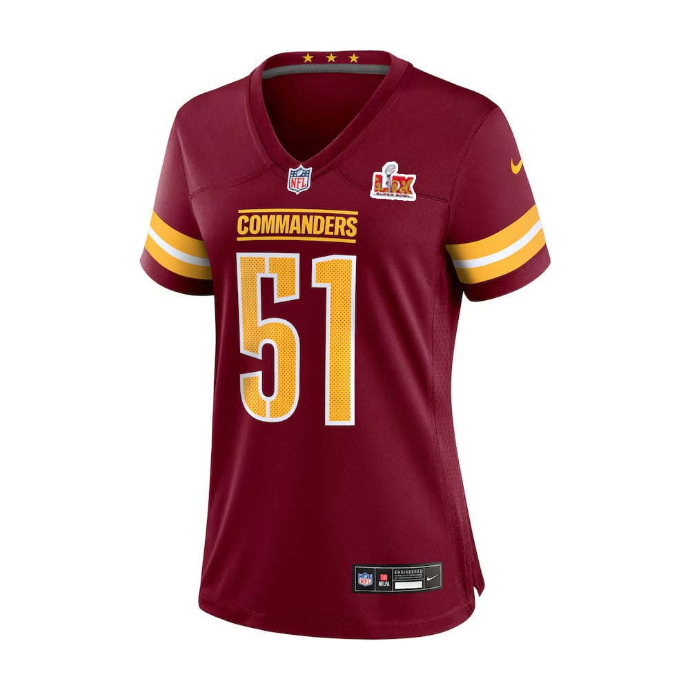 Alternative view of Bobby Hart #51 Washington Commanders Super Bowl LIX Women's Jersey - Burgundy JS7840 nicesnker