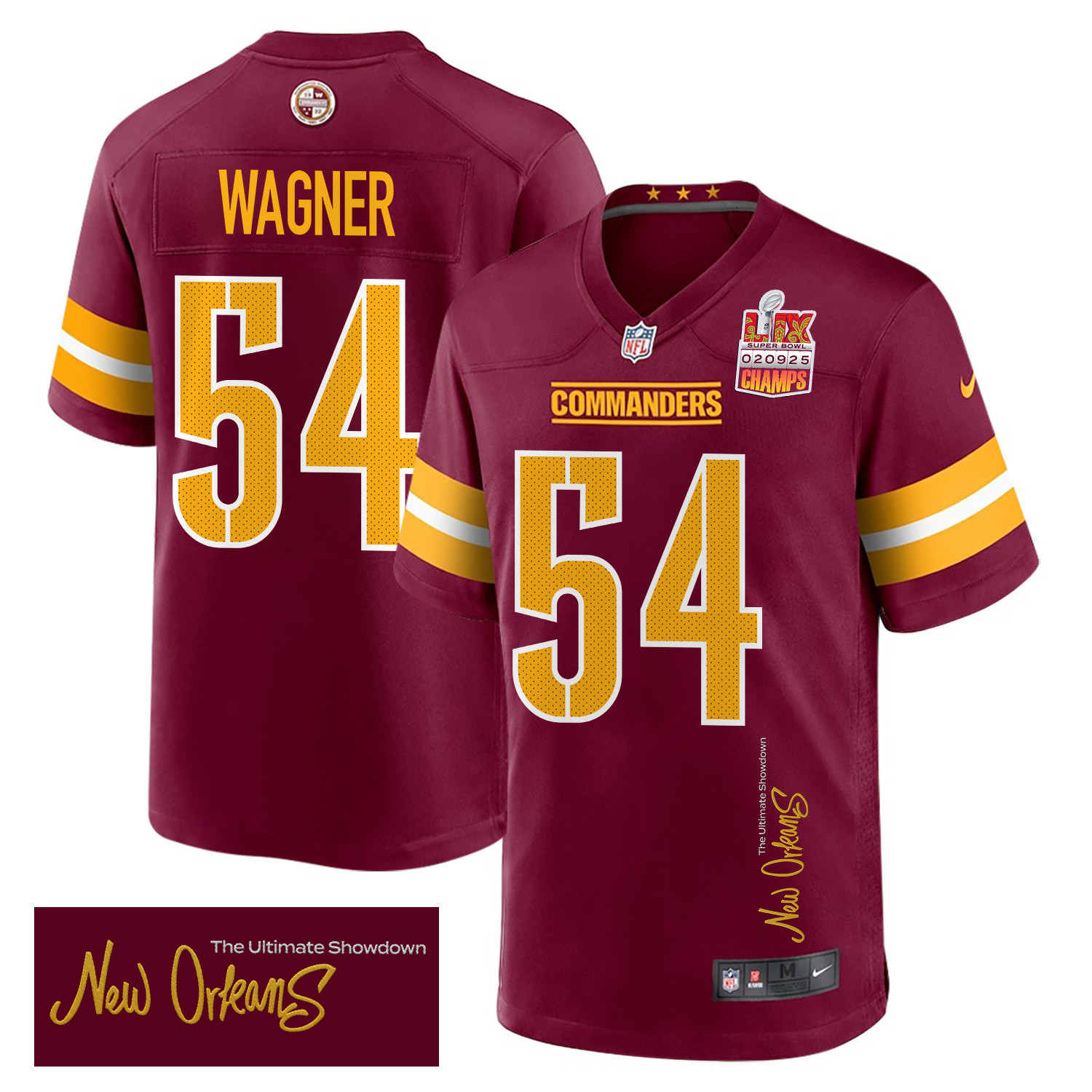 Bobby Wagner 54 Washington Commanders Super Bowl LIX Champions Patch 'New Orleans - The Ultimate Showdown' EMBROIDERED Game Men Jersey - Burgundy JS3435 nicesnker