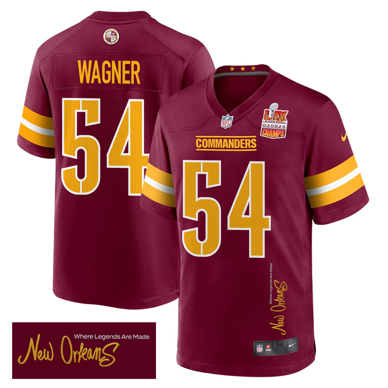 Bobby Wagner 54 Washington Commanders Super Bowl LIX Champions Patch 'New Orleans - Where Legends Are Made' EMBROIDERED Game Men Jersey - Burgundy JS4918 nicesnker