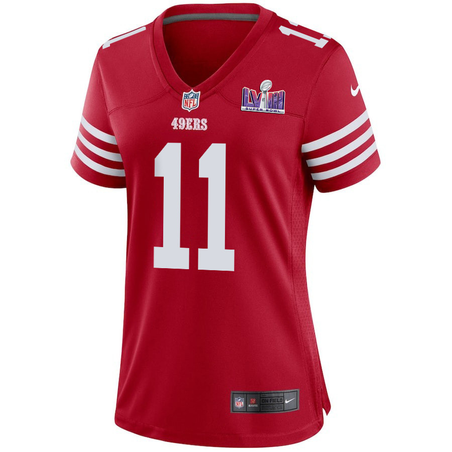 Alternative view of Brandon Aiyuk 11 San Francisco 49ers Super Bowl LVIII Patch Game Women Jersey - Scarlet JS4265 nicesnker