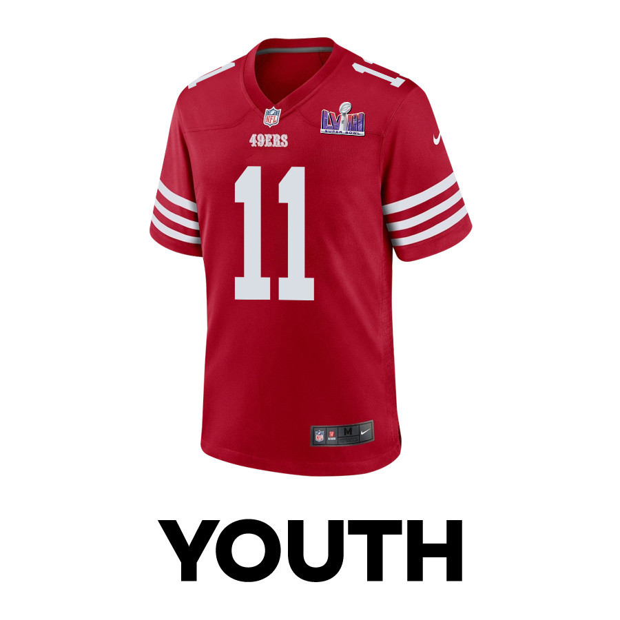 Alternative view of Brandon Aiyuk 11 San Francisco 49ers Super Bowl LVIII Patch Game YOUTH Jersey - Scarlet JS9144 nicesnker