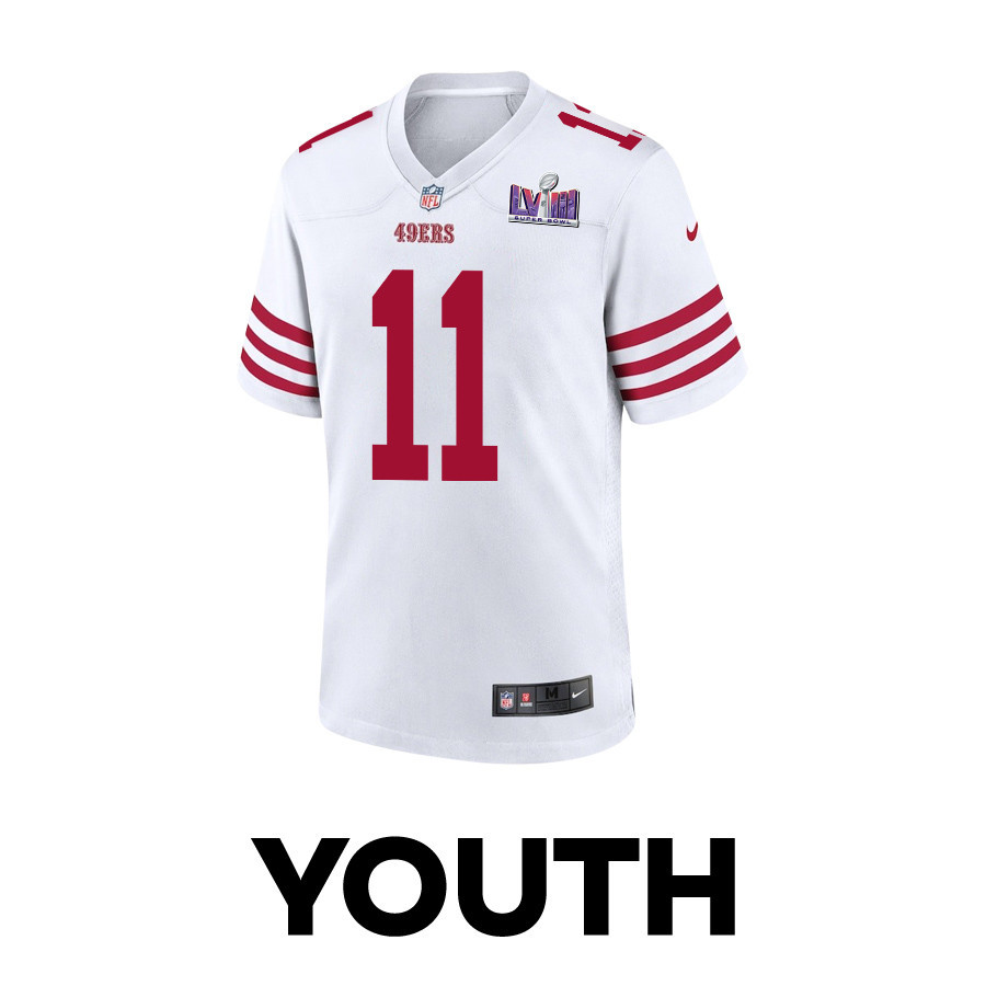 Alternative view of Brandon Aiyuk 11 San Francisco 49ers Super Bowl LVIII Patch Game YOUTH Jersey - White JS1391 nicesnker