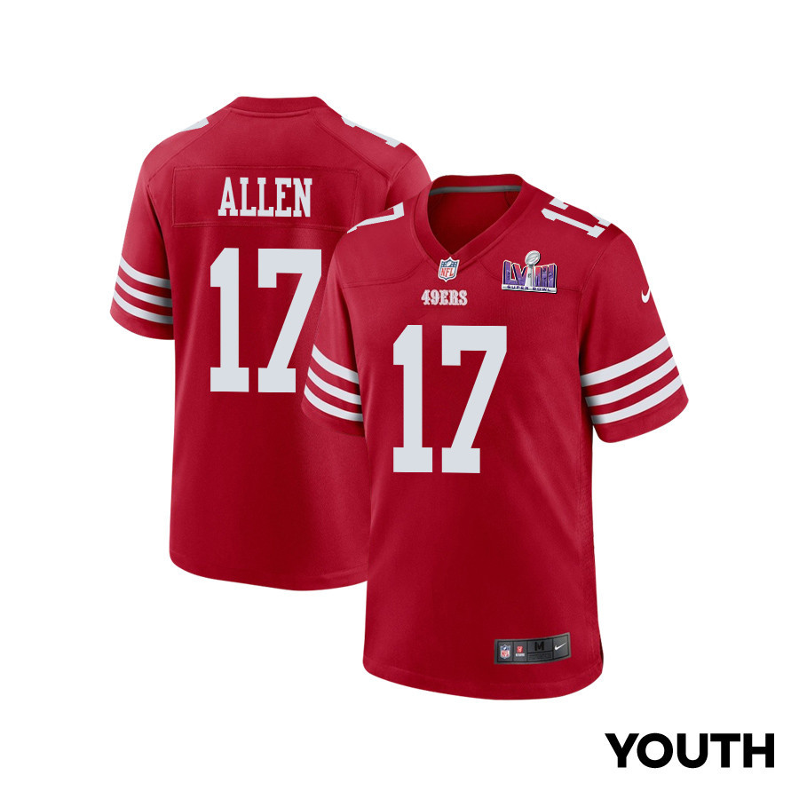 Brandon Allen 17 San Francisco 49ers Super Bowl LVIII Patch Game YOUTH Jersey - Scarlet JS3028 nicesnker