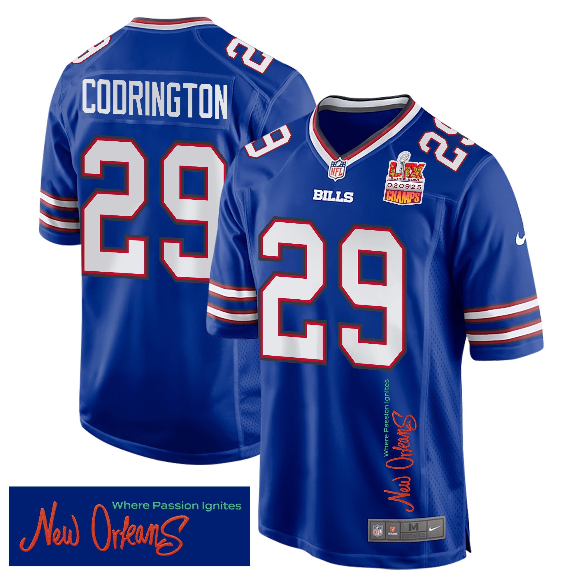 Brandon Codrington 29 Buffalo Bills Super Bowl LIX Champions Patch 'New Orleans - Where Passion Ignites' EMBROIDERED Game Men Jersey - Royal JS2152 nicesnker