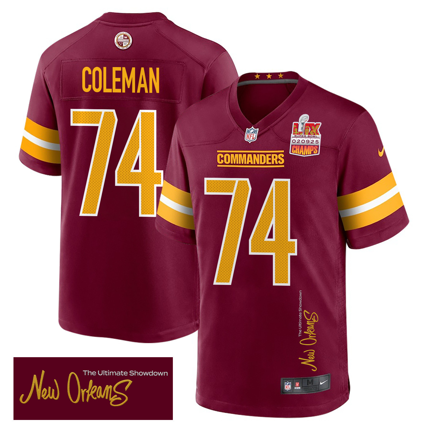 Brandon Coleman 74 Washington Commanders Super Bowl LIX Champions Patch 'New Orleans - The Ultimate Showdown' EMBROIDERED Game Men Jersey - Burgundy JS3493 nicesnker