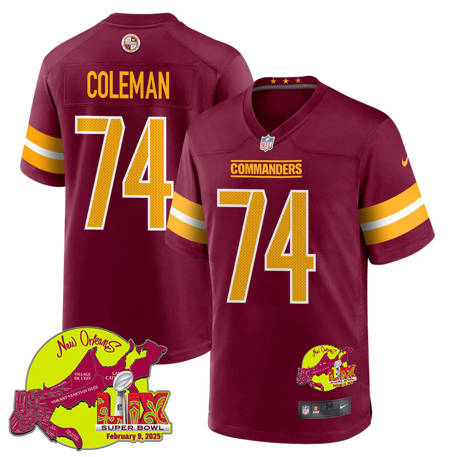 Brandon Coleman 74 Washington Commanders Super Bowl LIX New Orleans Patch Game Men Jersey - Burgundy JS2414 nicesnker