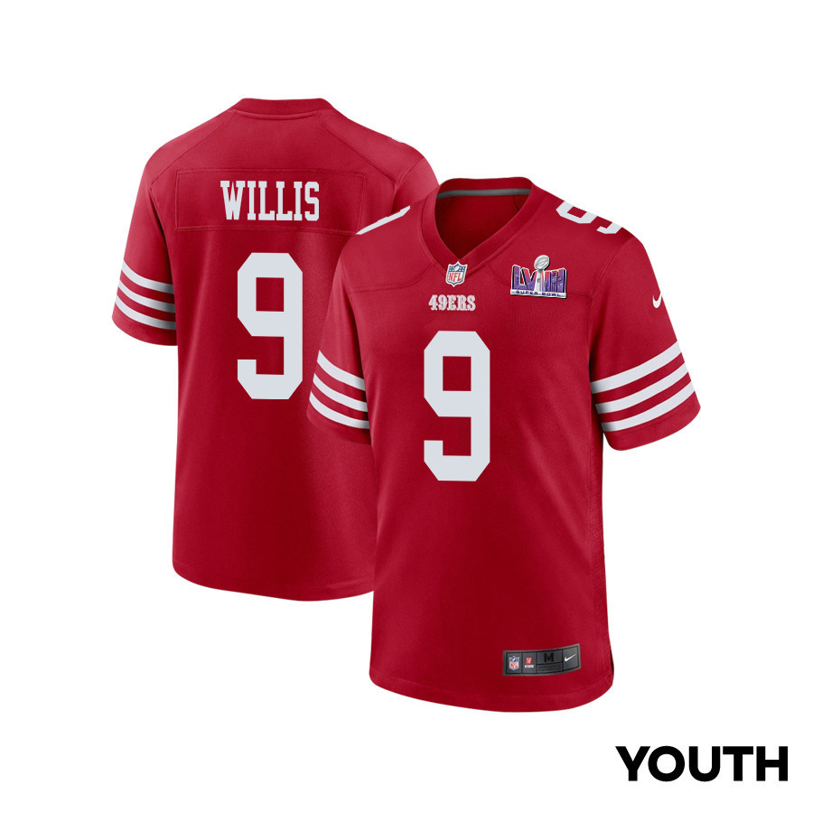 Brayden Willis 9 San Francisco 49ers Super Bowl LVIII Patch Game YOUTH Jersey - Scarlet JS2743 nicesnker