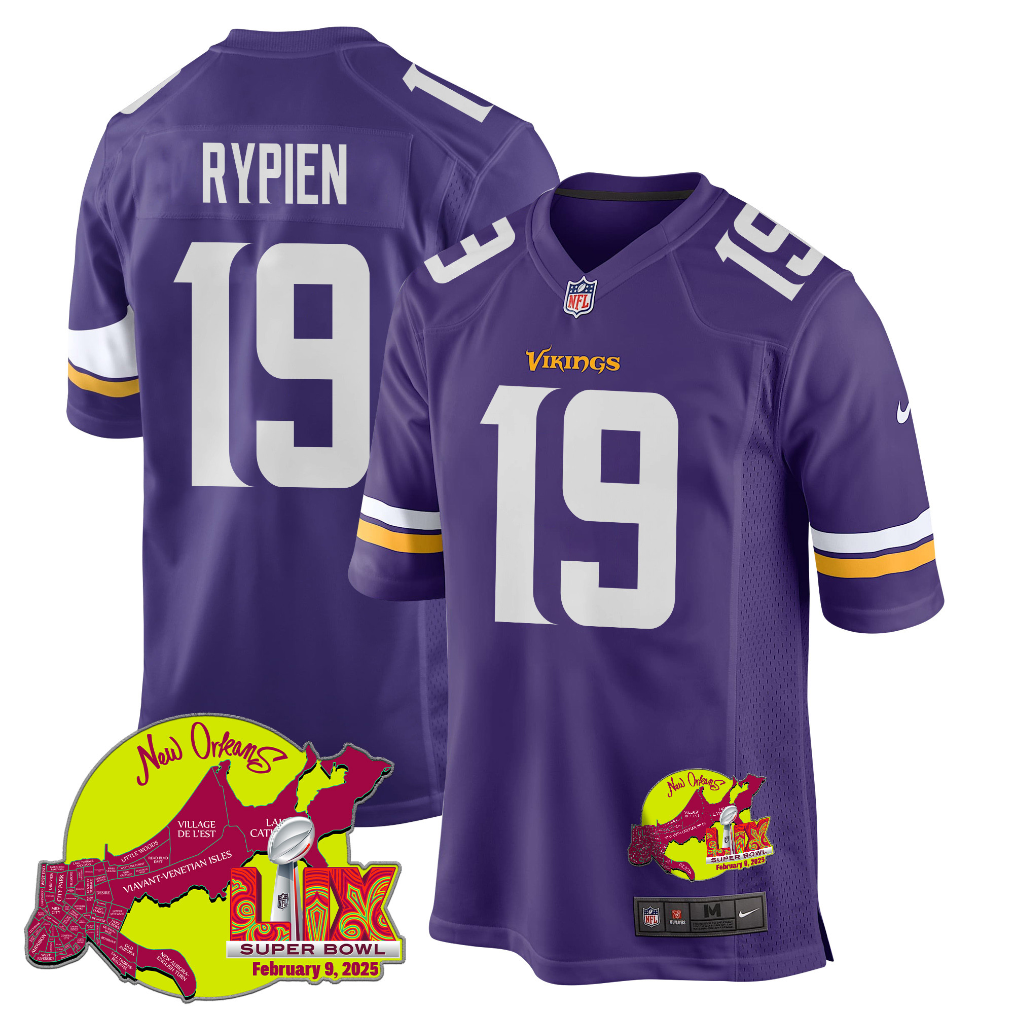 Brett Rypien 19 Minnesota Vikings Super Bowl LIX New Orleans Patch Game Men Jersey - Purple JS9760 nicesnker