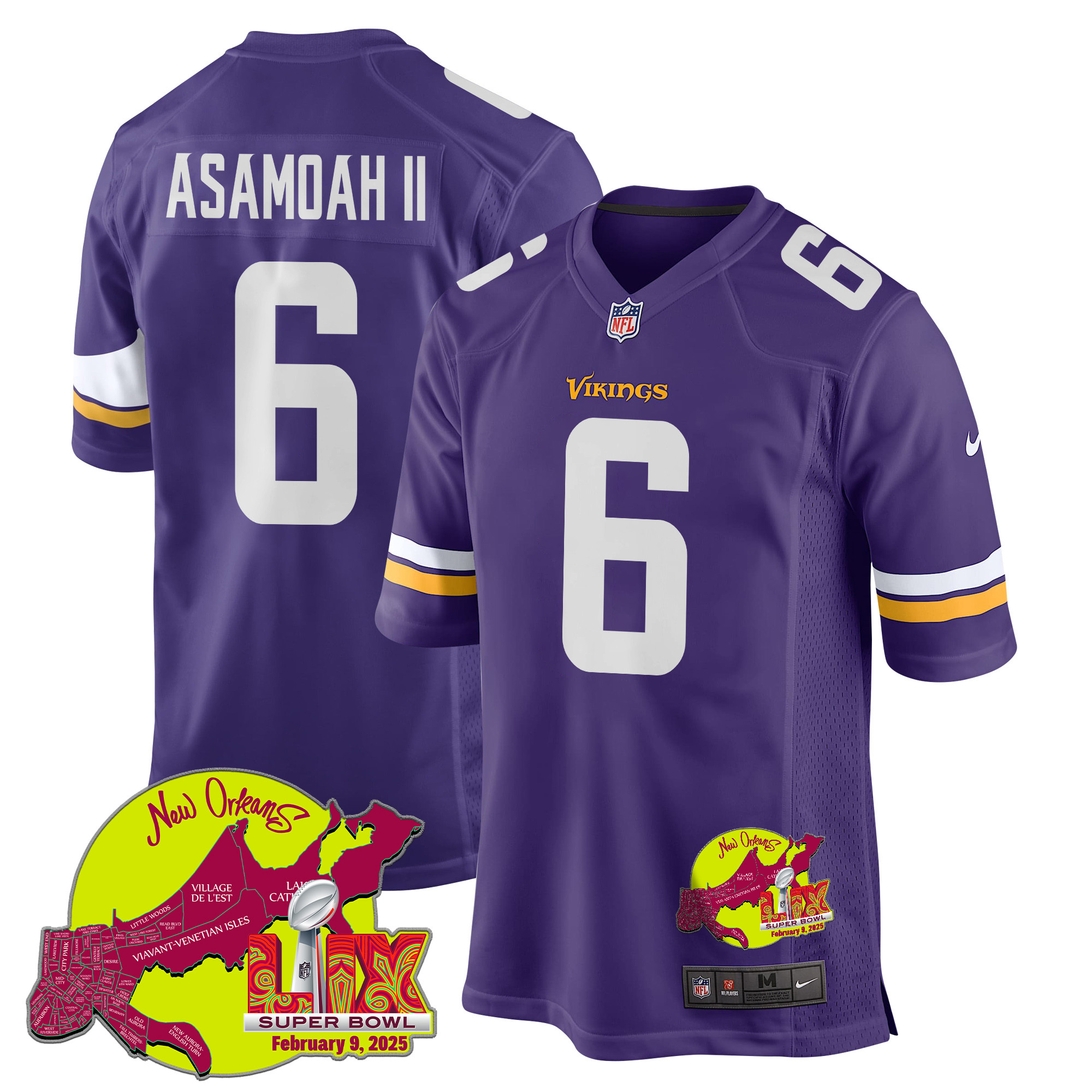 Brian Asamoah II 6 Minnesota Vikings Super Bowl LIX New Orleans Patch Game Men Jersey - Purple JS3110 nicesnker