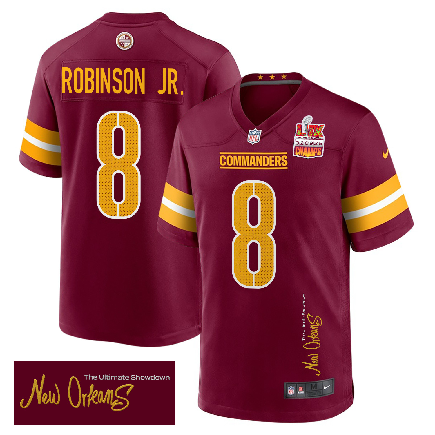 Brian Robinson Jr. 8 Washington Commanders Super Bowl LIX Champions Patch 'New Orleans - The Ultimate Showdown' EMBROIDERED Game Men Jersey - Burgundy JS4325 nicesnker