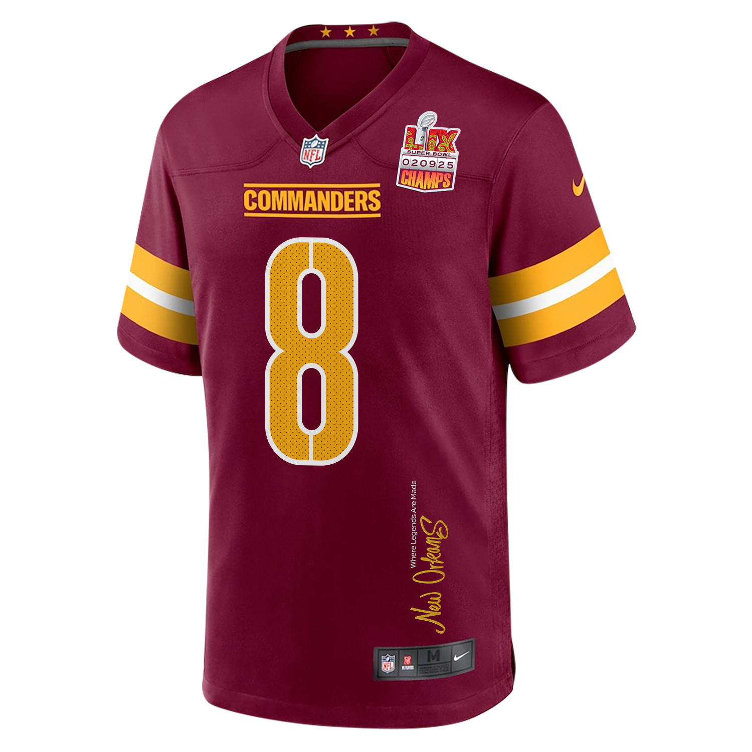 Brian Robinson Jr. 8 Washington Commanders Super Bowl LIX Champions Patch 'New Orleans - Where Legends Are Made' EMBROIDERED Game Men Jersey - Burgundy JS9556 nicesnker - Image 3