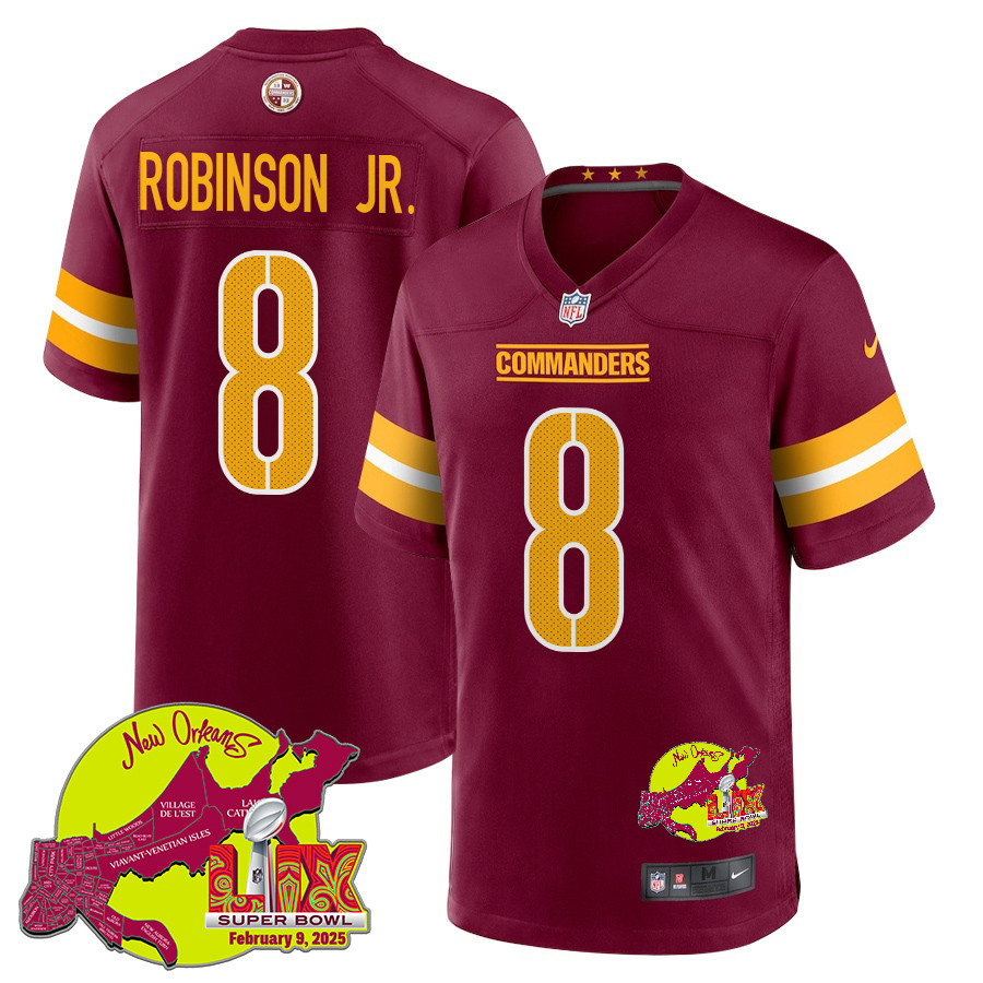 Brian Robinson Jr. 8 Washington Commanders Super Bowl LIX New Orleans Patch Game Men Jersey - Burgundy JS9710 nicesnker
