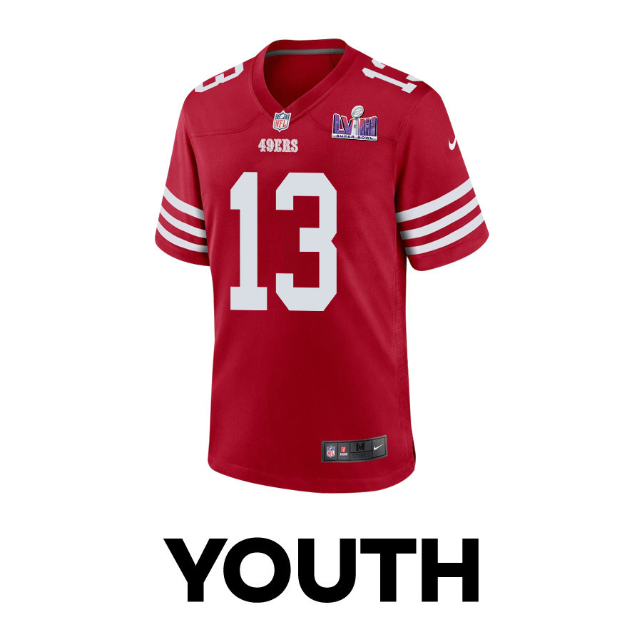 Alternative view of Brock Purdy 13 San Francisco 49ers Super Bowl LVIII Patch Game YOUTH Jersey - Scarlet JS4648 nicesnker