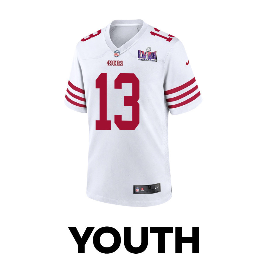 Alternative view of Brock Purdy 13 San Francisco 49ers Super Bowl LVIII Patch Game YOUTH Jersey - White JS6167 nicesnker