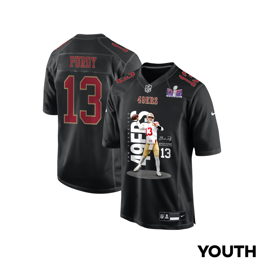 Brock Purdy 13 San Francisco 49ers Throwing Ball Fashion Game YOUTH Jersey - Carbon Black JS9280 nicesnker