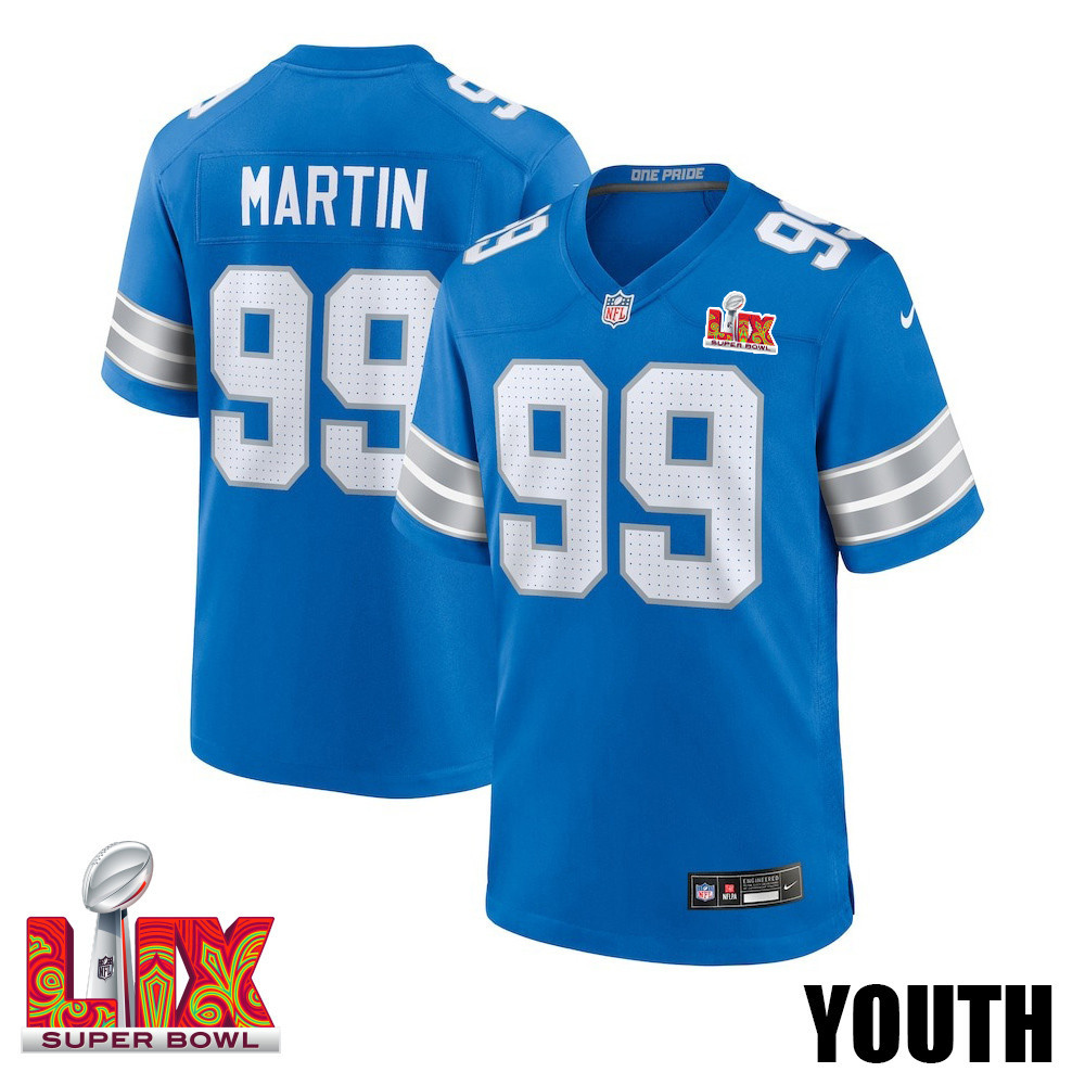 Brodric Martin #99 Detroit Lions Super Bowl LIX YOUTH Jersey - Blue JS8790 nicesnker