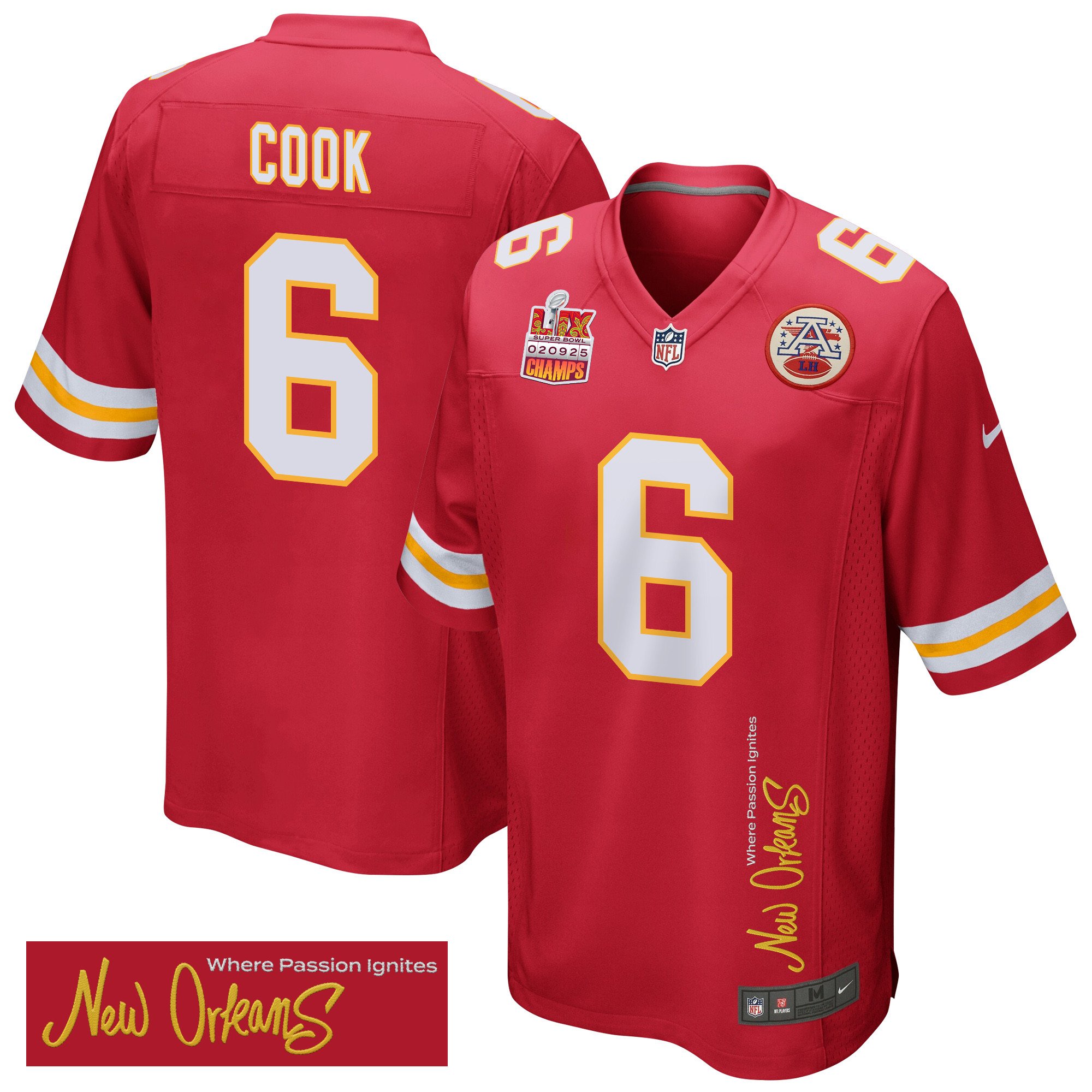 Bryan Cook 6 Kansas City Chiefs Super Bowl LIX Champions Patch 'New Orleans - Where Passion Ignites' EMBROIDERED Game Men Jersey - Red JS6628 nicesnker