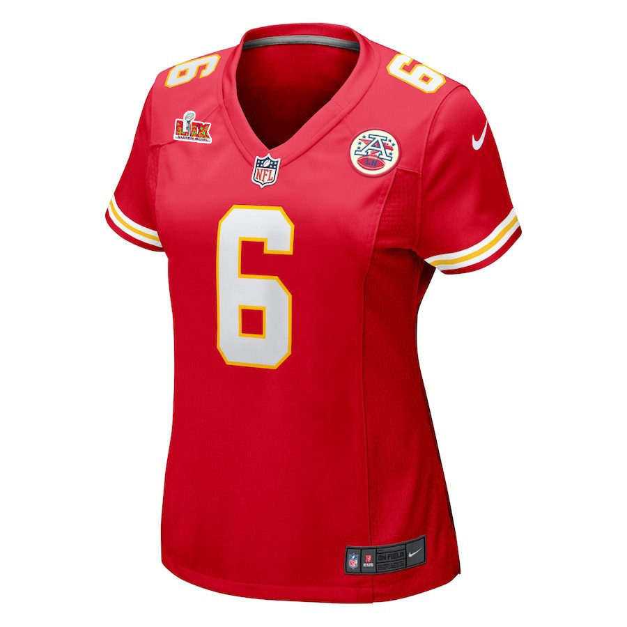 Alternative view of Bryan Cook #6 Kansas City Chiefs Super Bowl LIX Women's Jersey - Red JS5091 nicesnker