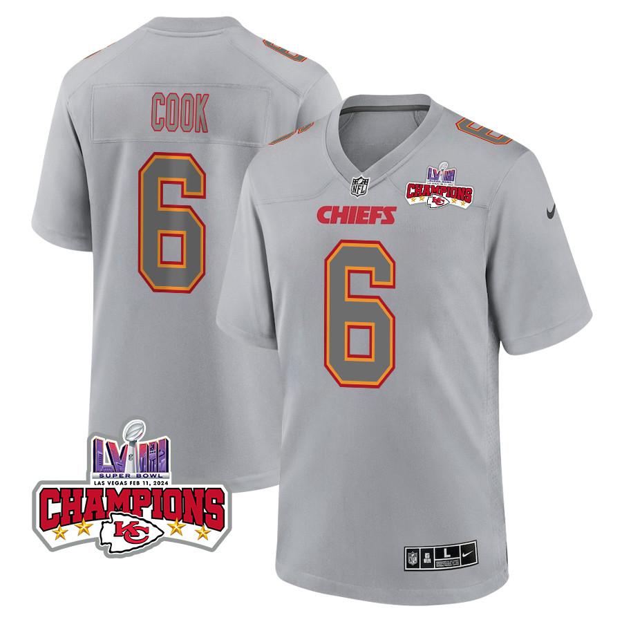 Bryan Cook 6 Kansas City Chiefs Super Bowl LVIII Champions 4 Stars Patch Atmosphere Fashion Game Men Jersey - Gray JS7542 nicesnker