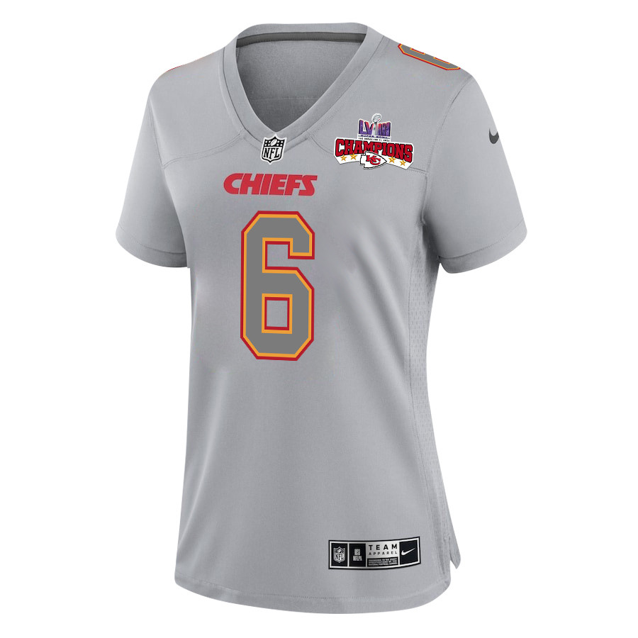 Alternative view of Bryan Cook 6 Kansas City Chiefs Super Bowl LVIII Champions 4 Stars Patch Atmosphere Fashion Game Women Jersey - Gray JS9499 nicesnker
