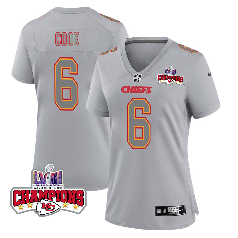 Bryan Cook 6 Kansas City Chiefs Super Bowl LVIII Champions 4 Stars Patch Atmosphere Fashion Game Women Jersey - Gray JS9499 nicesnker