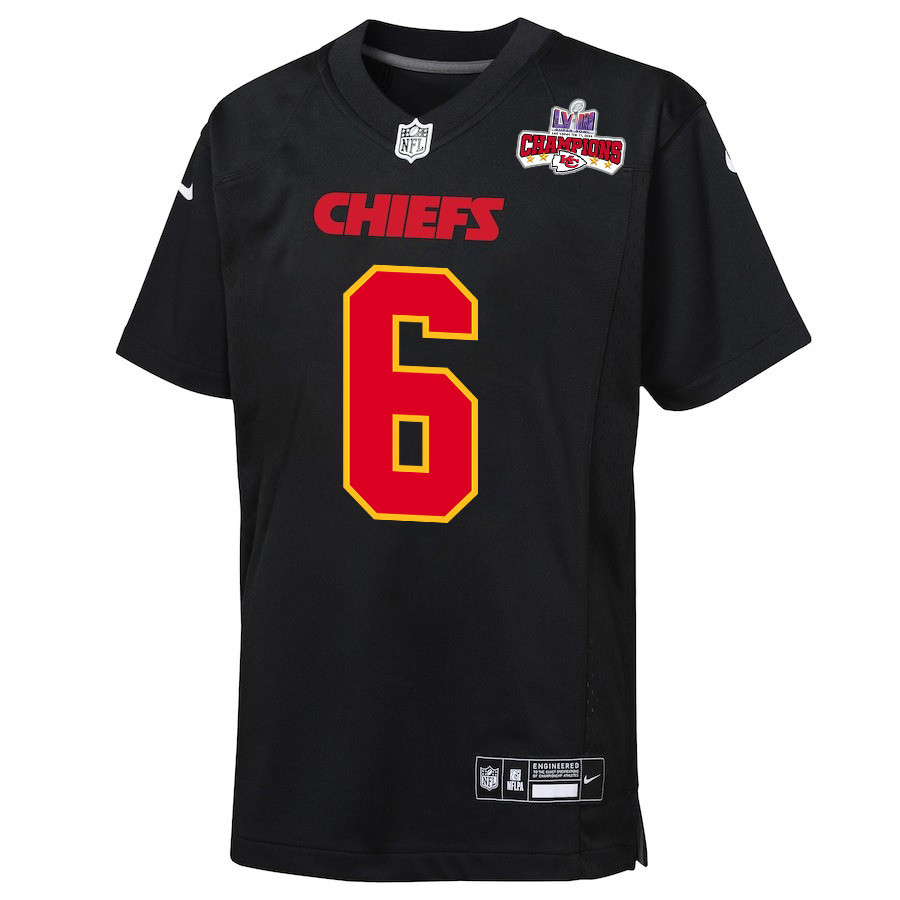 Alternative view of Bryan Cook 6 Kansas City Chiefs Super Bowl LVIII Champions 4 Stars Patch Fashion Game YOUTH Jersey - Carbon Black JS9066 nicesnker