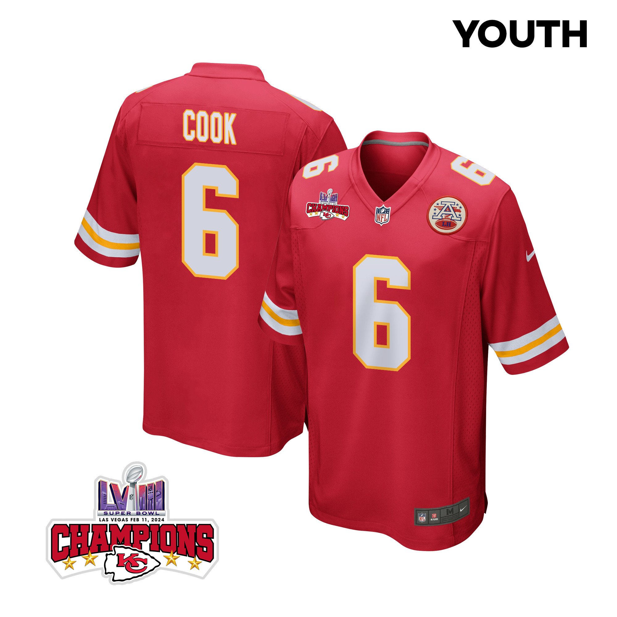 Bryan Cook 6 Kansas City Chiefs Super Bowl LVIII Champions 4 Stars Patch Game YOUTH Jersey - Red JS7307 nicesnker