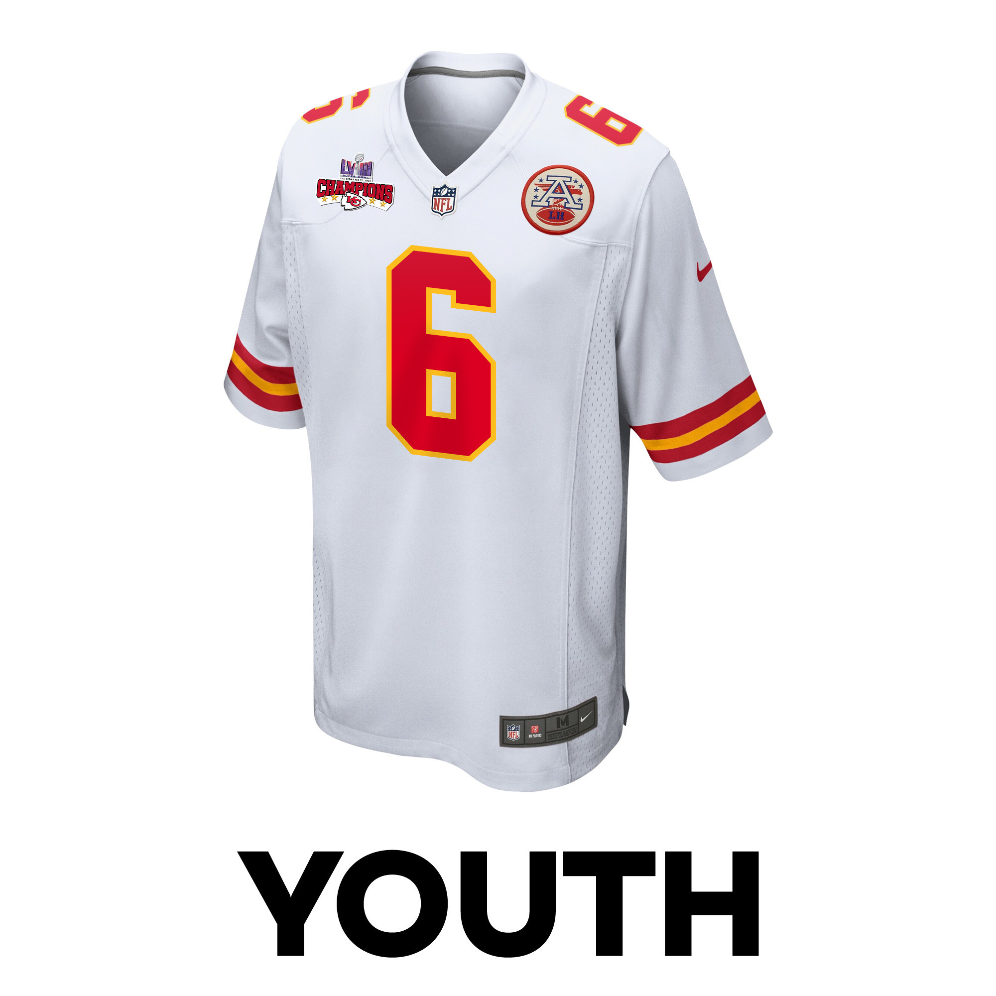 Alternative view of Bryan Cook 6 Kansas City Chiefs Super Bowl LVIII Champions 4 Stars Patch Game YOUTH Jersey - White JS5777 nicesnker