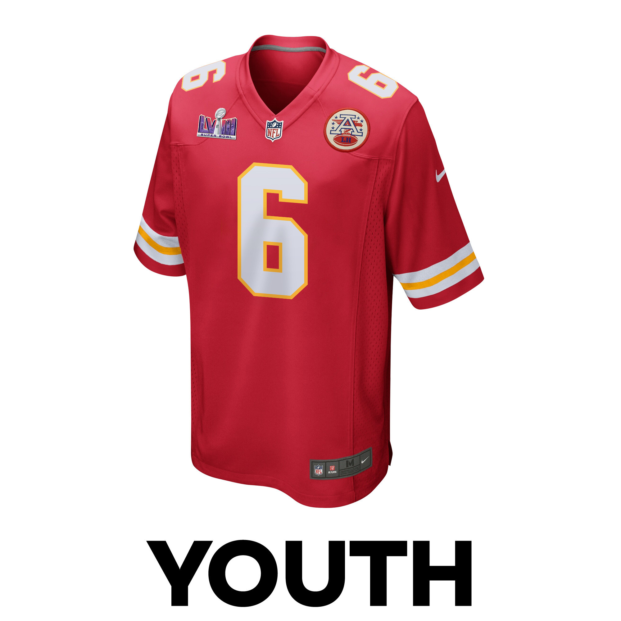 Alternative view of Bryan Cook 6 Kansas City Chiefs Super Bowl LVIII Patch Game YOUTH Jersey - Red JS2152 nicesnker