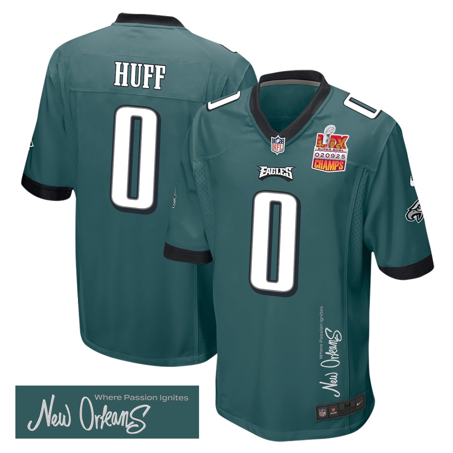 Bryce Huff 0 Philadelphia Eagles Super Bowl LIX Champions Patch 'New Orleans - Where Passion Ignites' EMBROIDERED Game Men Jersey - Midnight Green JS3494 nicesnker