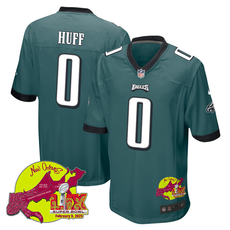 Bryce Huff 0 Philadelphia Eagles Super Bowl LIX New Orleans Patch Game Men Jersey - Midnight Green JS6102 nicesnker