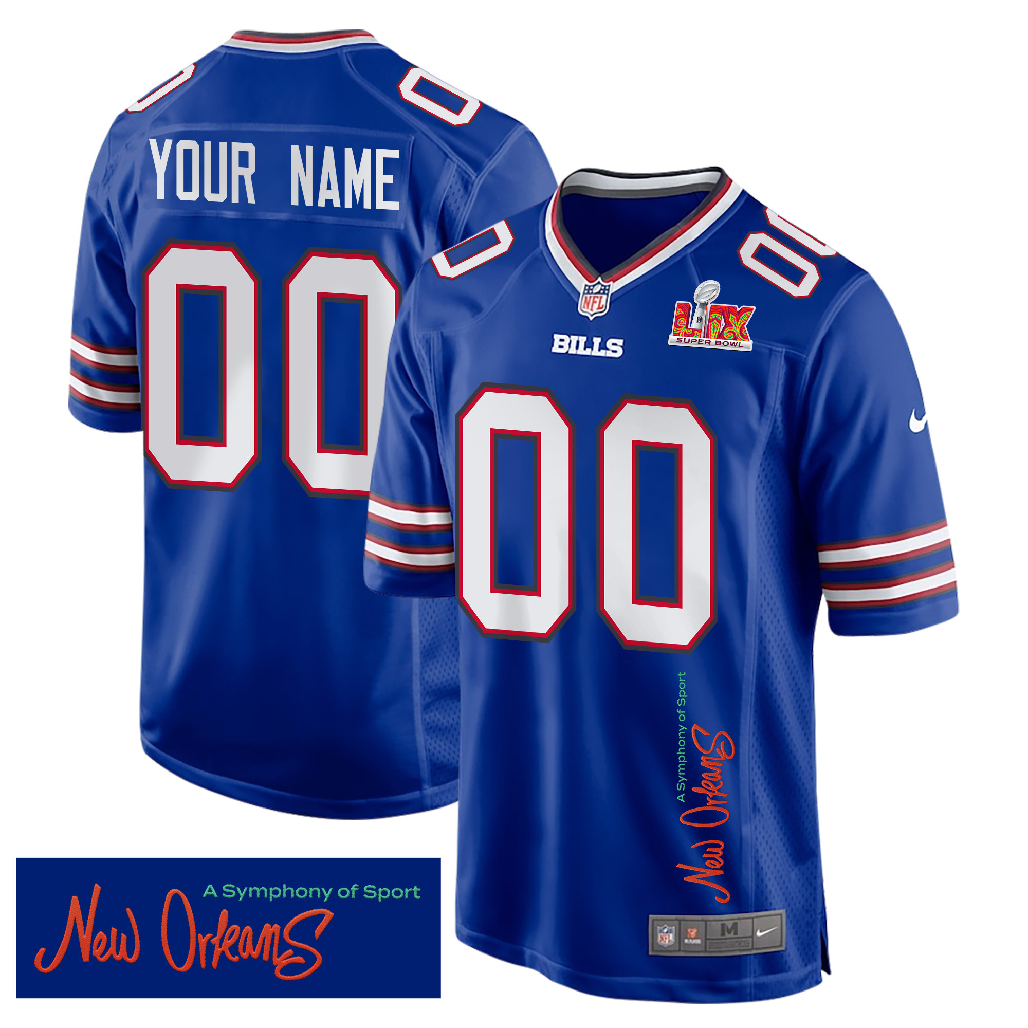 Buffalo Bills Super Bowl LIX 'New Orleans - A Symphony of Sport' EMBROIDERED Game Men Custom Jersey - Royal JS1959 nicesnker