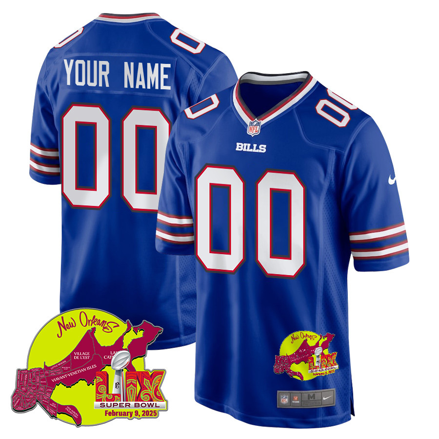 Buffalo Bills Super Bowl LIX New Orleans Patch Game Men Custom Jersey - Royal JS5298 nicesnker