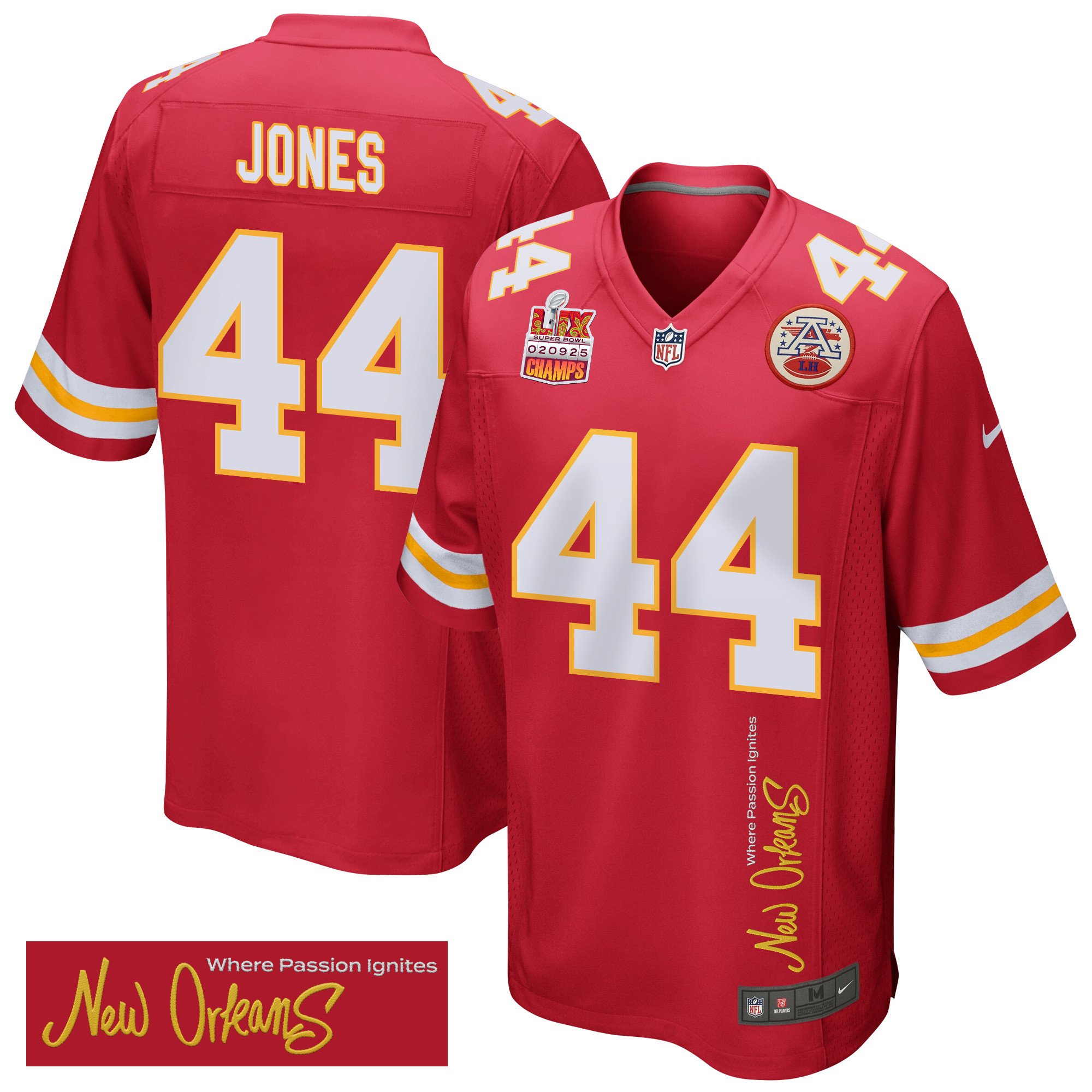 Cam Jones 44 Kansas City Chiefs Super Bowl LIX Champions Patch 'New Orleans - Where Passion Ignites' EMBROIDERED Game Men Jersey - Red JS3997 nicesnker