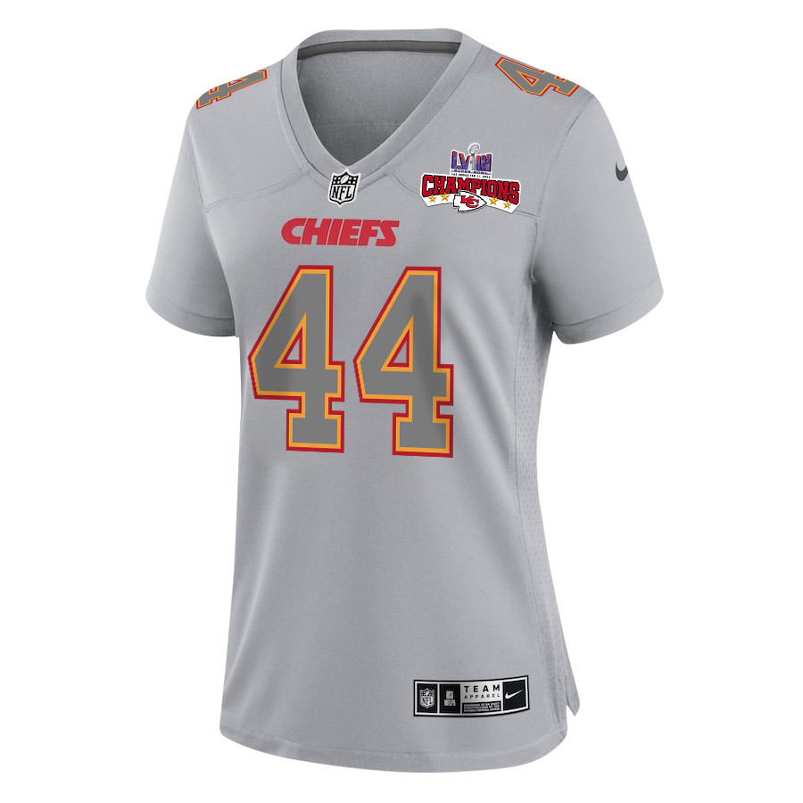 Alternative view of Cam Jones 44 Kansas City Chiefs Super Bowl LVIII Champions 4 Stars Patch Atmosphere Fashion Game Women Jersey - Gray JS4230 nicesnker